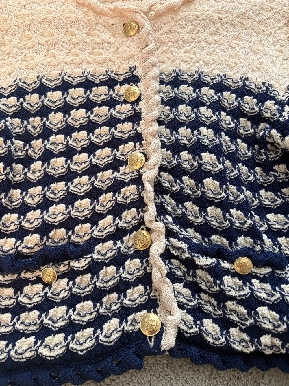 J. Crew Cream and Navy Textured Cardigan